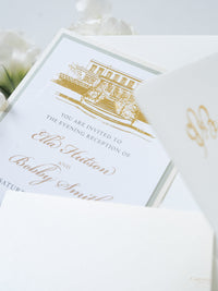 Illustrazione della sede del matrimonio personalizzata | Invito sventato per la sede in lamina d'oro da 800 g/m²