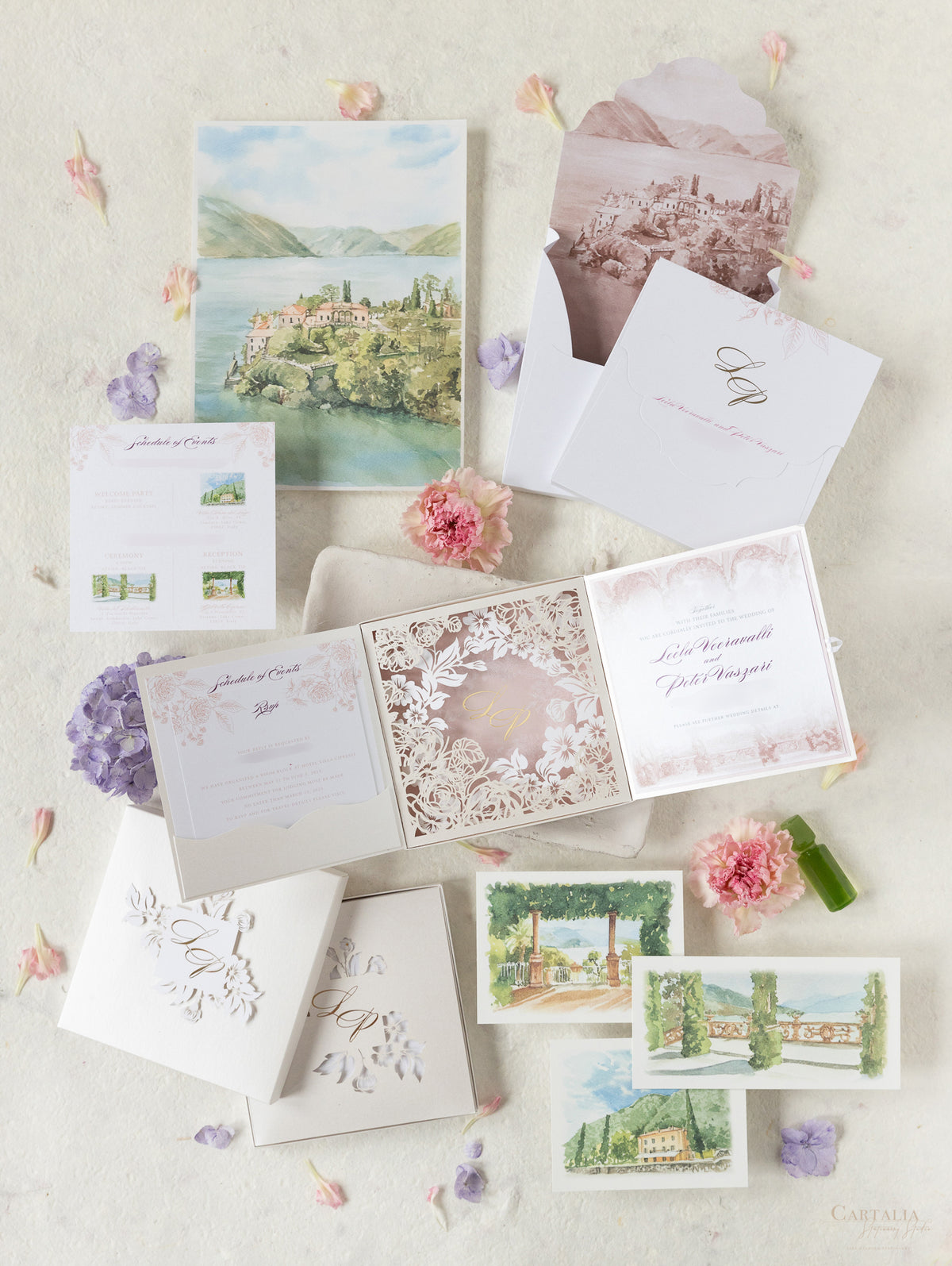 Invitación de boda del lago Como | villa del balbianello | Caja 3D de alta costura | Comisión L&P a medida