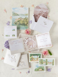 Invitación de boda del lago Como | villa del balbianello | Caja 3D de alta costura | Comisión L&P a medida