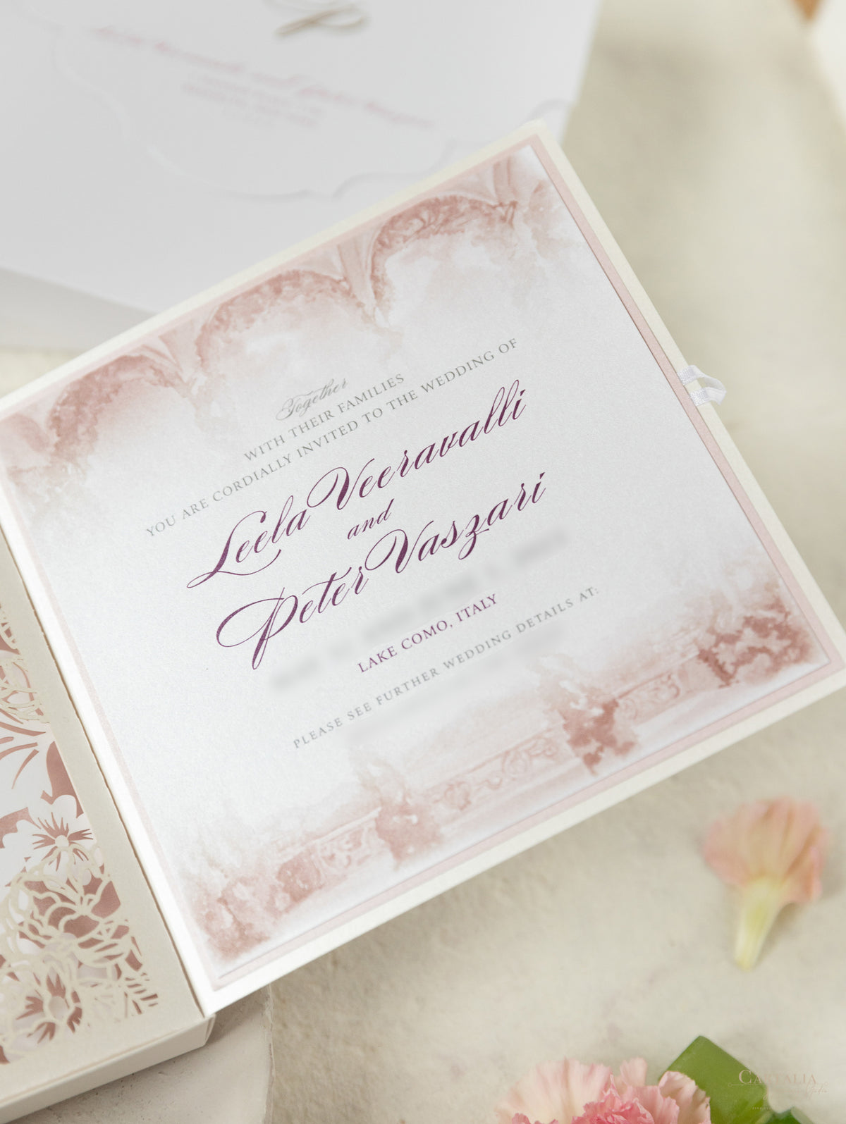 Invitación de boda del lago Como | villa del balbianello | Caja 3D de alta costura | Comisión L&P a medida