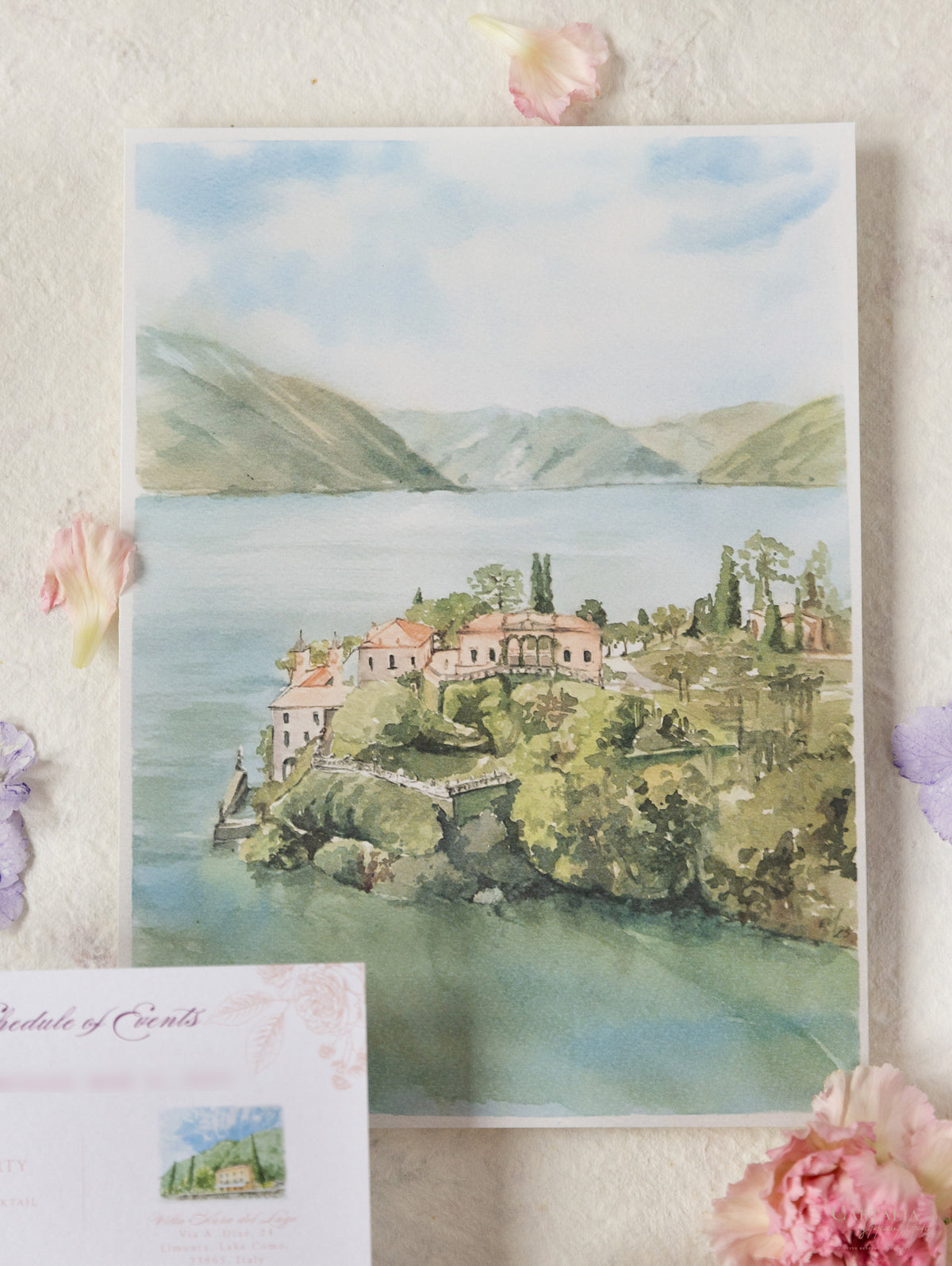 Invitación de boda del lago Como | villa del balbianello | Caja 3D de alta costura | Comisión L&P a medida
