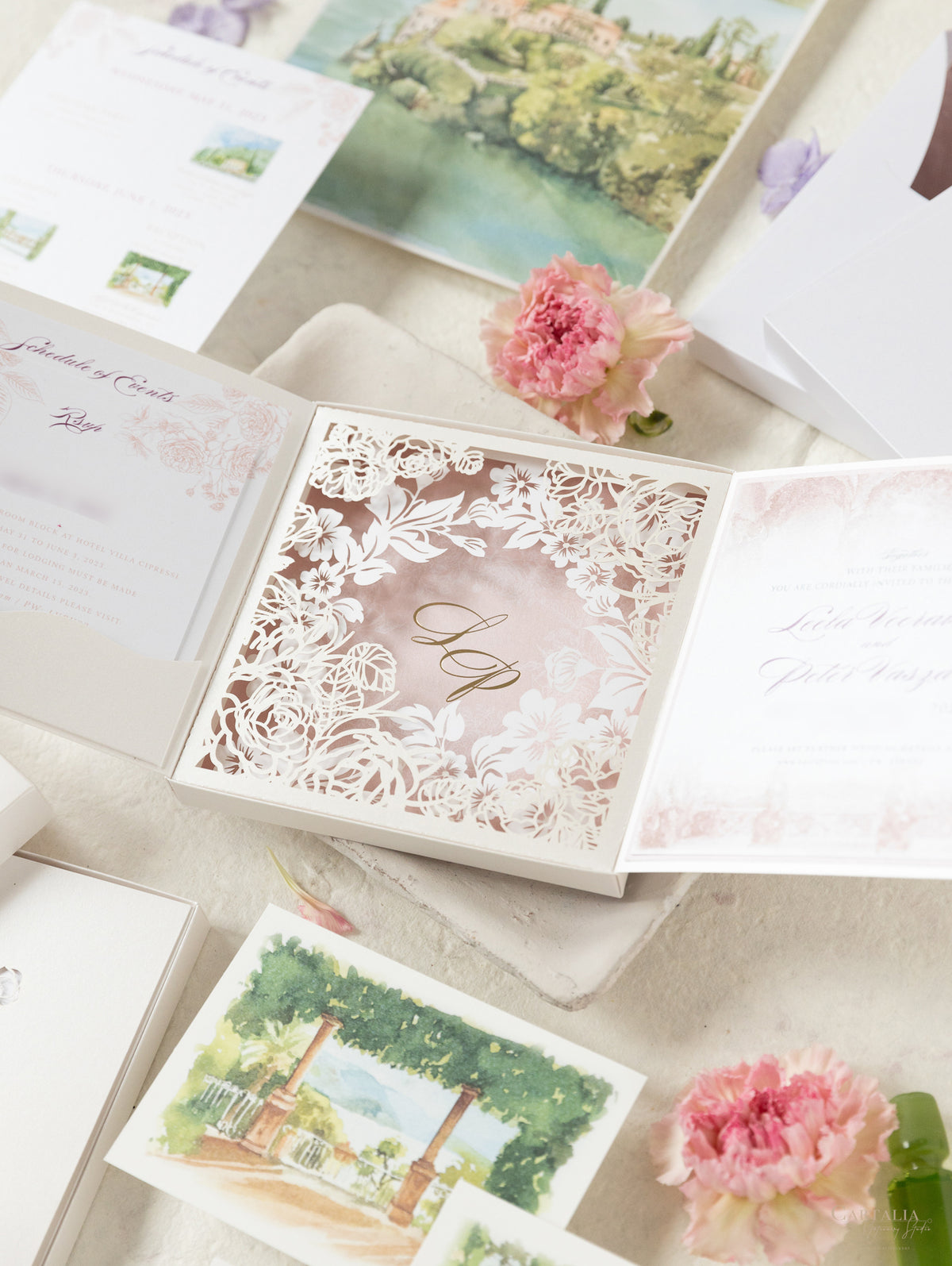 Invitación de boda del lago Como | villa del balbianello | Caja 3D de alta costura | Comisión L&P a medida
