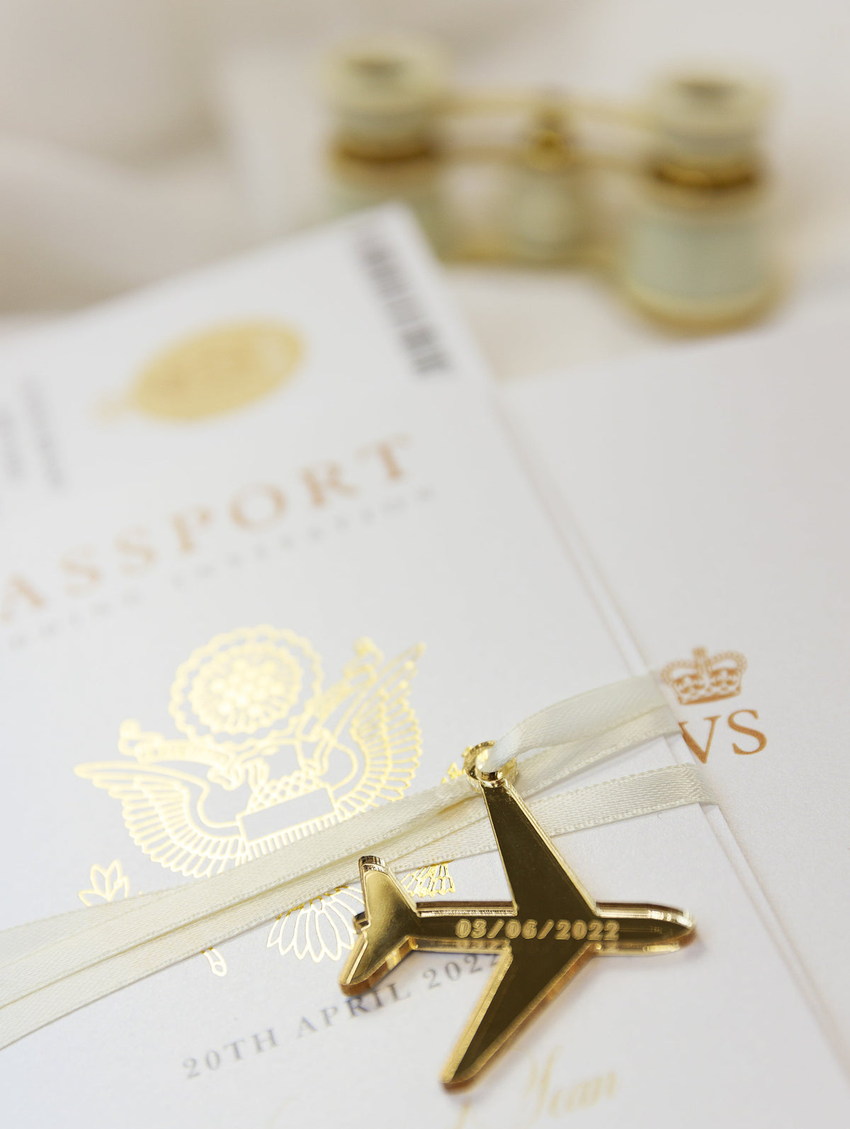 Gold Passport Wedding Invitation - Luxury Engraved Plane in Gold Plexi Passport & Real Gold Foil Destination Wedding