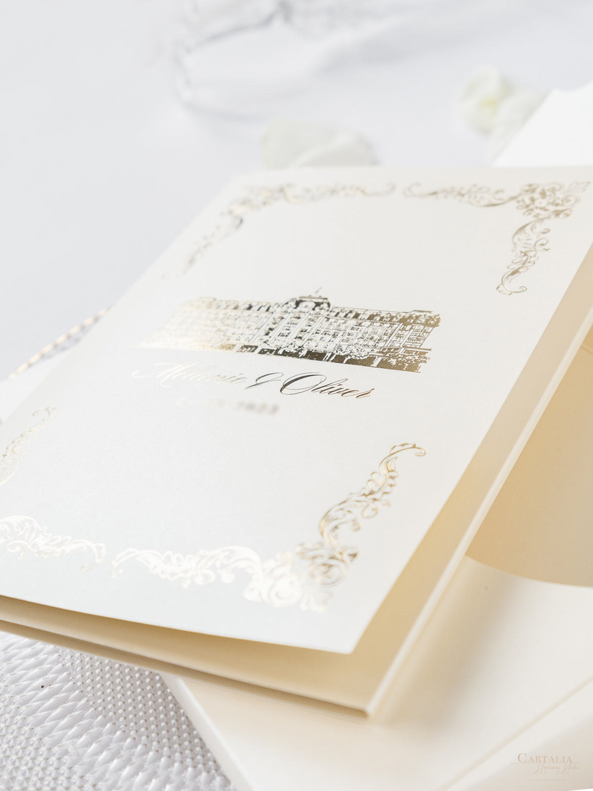 Luxury Gold Mirror & Champagne Boxed Invitation Suite with Venue Sketch in Foil | Bespoke Commission M&O