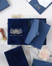 Luxury Velvet Hard Back Book & Box Pocket Invitation in Navy with Gold Foil Venue | Bespoke Commission J&M