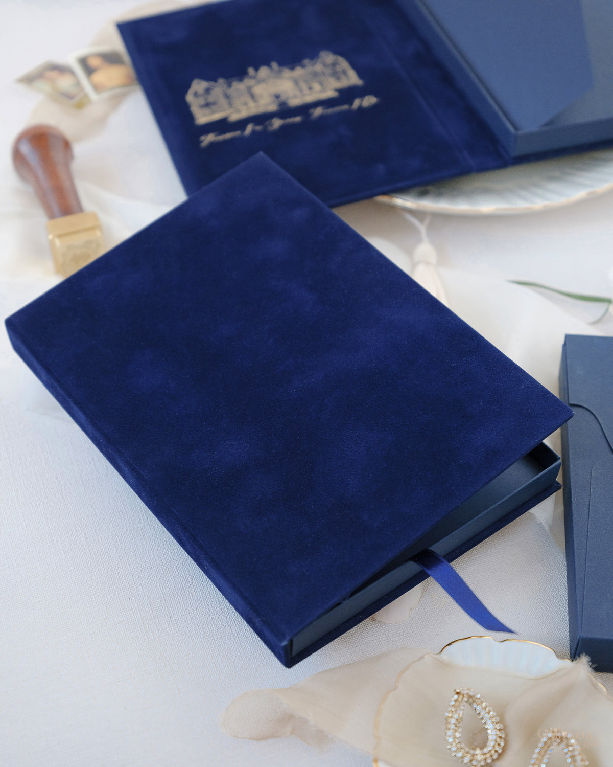 Luxury Velvet Hard Back Book & Box Pocket Invitation with Gold Foil Venue | Bespoke Commission J&M