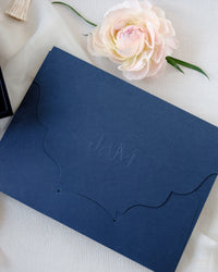 Luxury Velvet Hard Back Book & Box Pocket Invitation with Gold Foil Venue | Bespoke Commission J&M