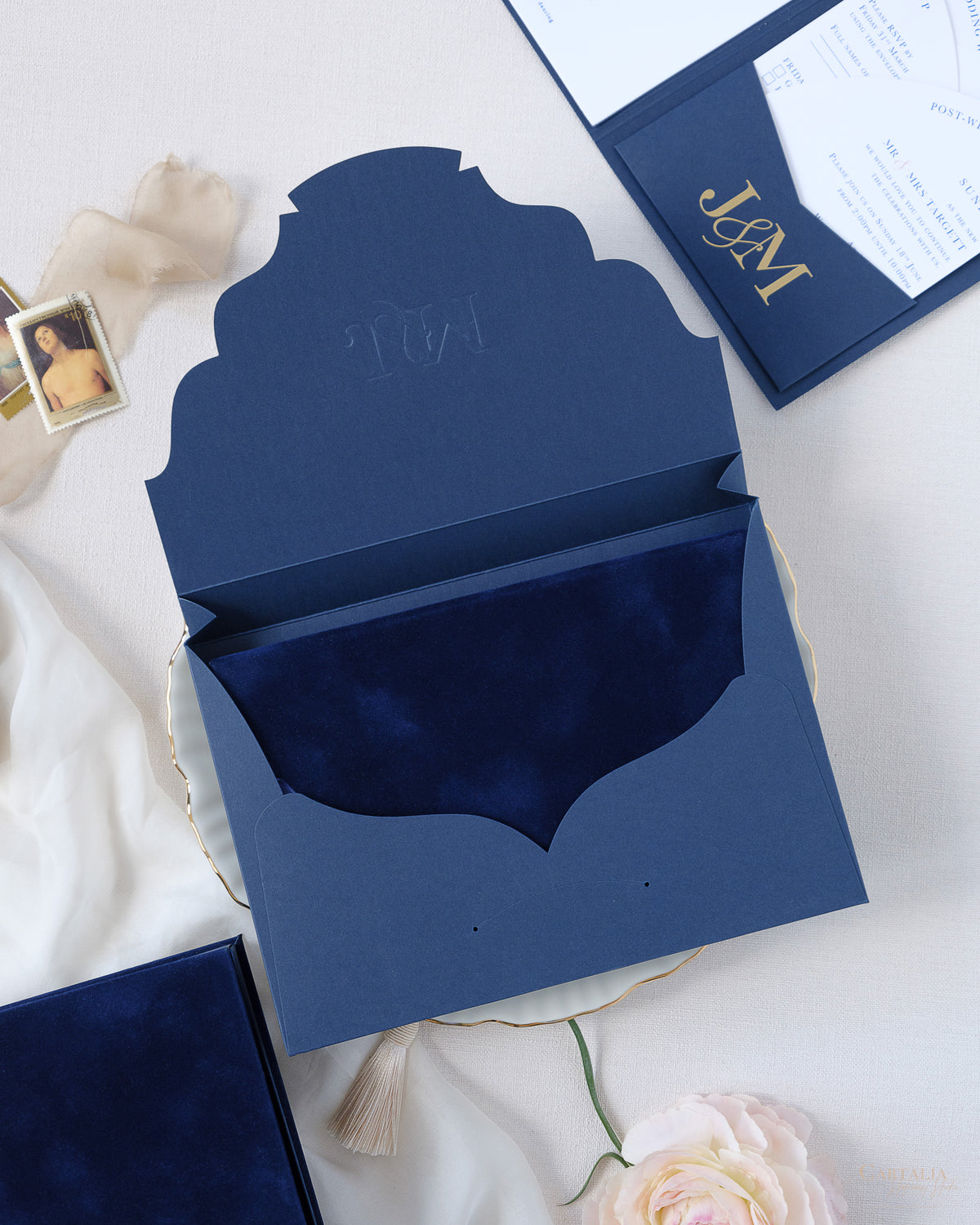 Luxury Velvet Hard Back Book & Box Pocket Invitation with Gold Foil Venue | Bespoke Commission J&M