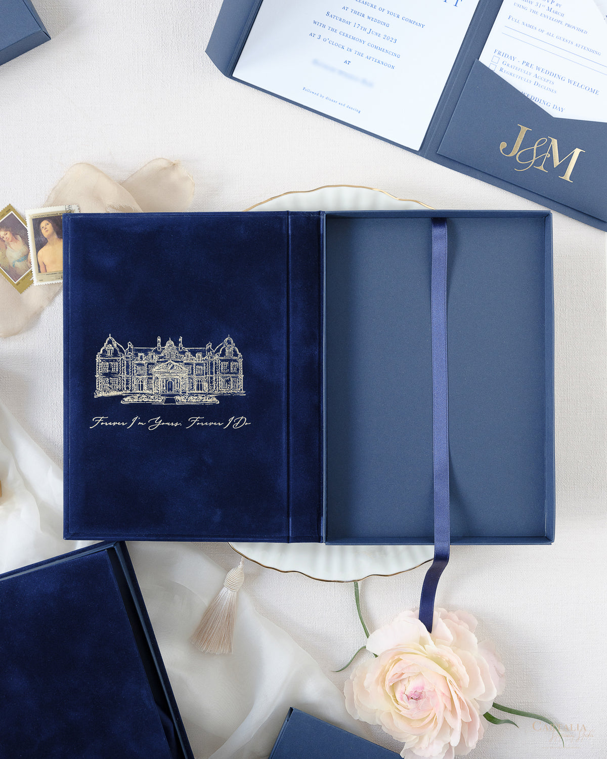 Luxury Velvet Hard Back Book & Box Pocket Invitation with Gold Foil Venue | Bespoke Commission J&M