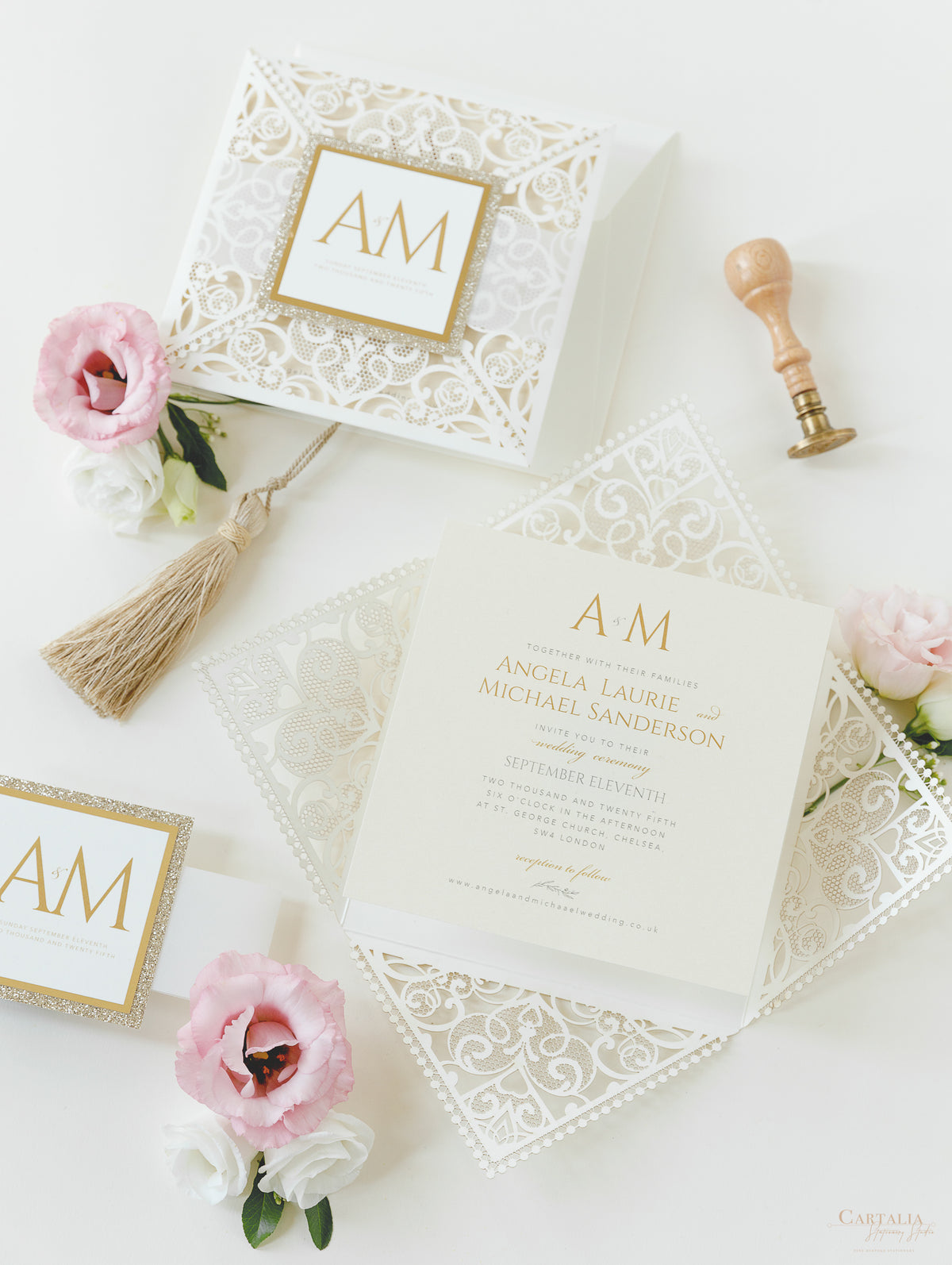 Monogram Belly Band Intricate Laser Cut Square Foil border with Glitter Pocket Invitation