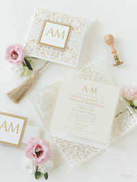 Monogram Belly Band Intricate Laser Cut Square Foil border with Glitter Pocket Invitation