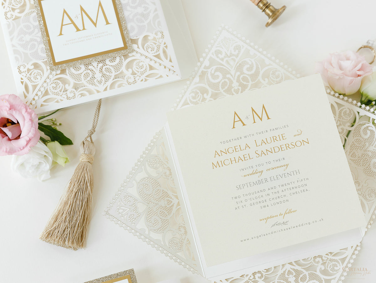Monogram Belly Band Intricate Laser Cut Square Foil border with Glitter Pocket Invitation