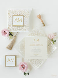 Monogram Belly Band Intricate Laser Cut Square Foil border with Glitter Pocket Invitation