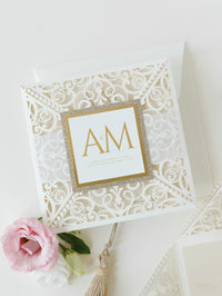 Monogram Belly Band Intricate Laser Cut Square Foil border with Glitter Pocket Invitation
