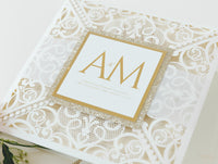 Monogram Belly Band Intricate Laser Cut Square Foil border with Glitter Pocket Invitation