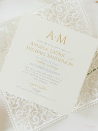 Monogram Belly Band Intricate Laser Cut Square Foil border with Glitter Pocket Invitation