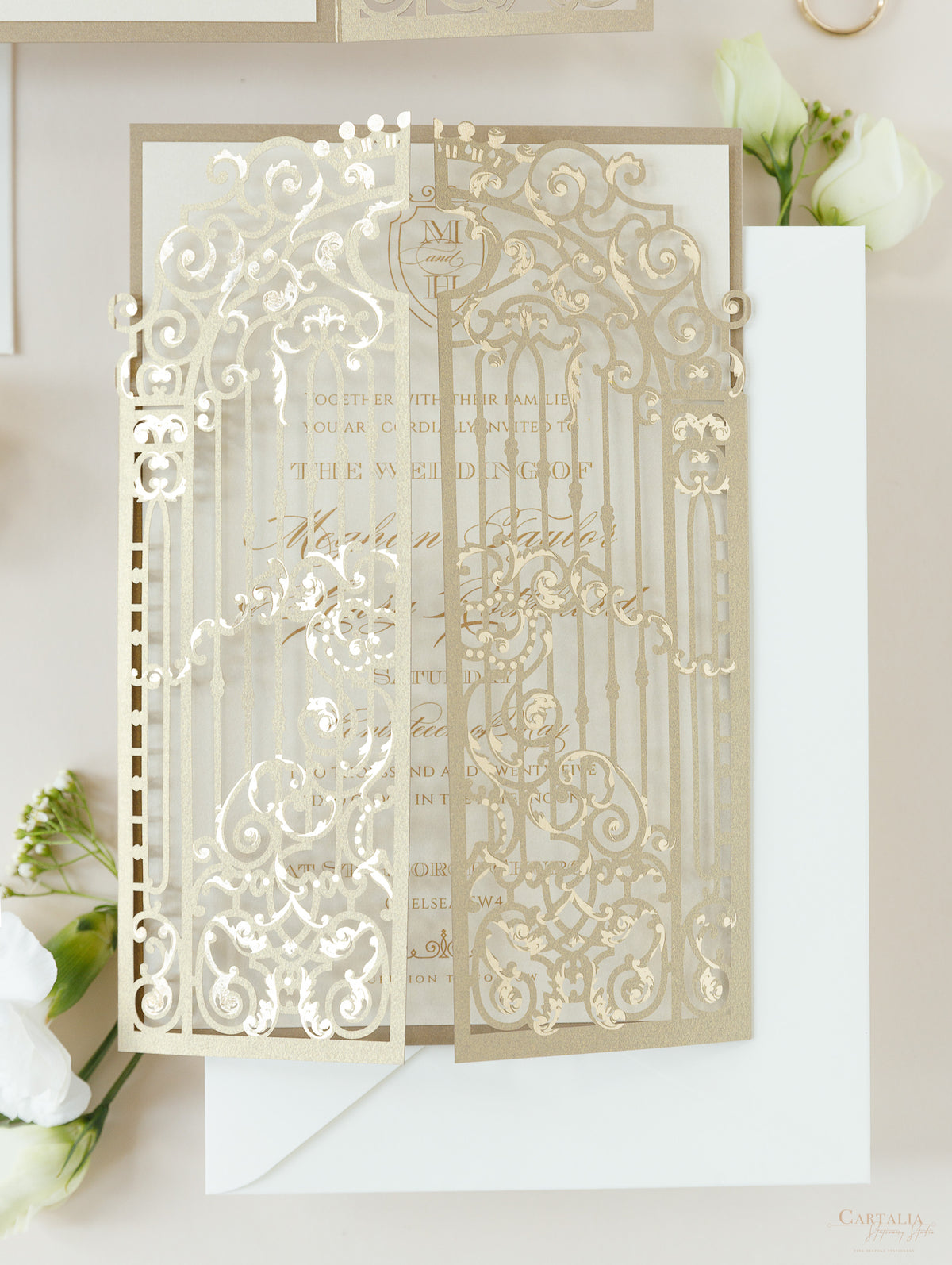 Luxury Foil Golden Ornamental Gate Laser Cut Wedding Day Invitation with Gold Foil Modern Calligraphy