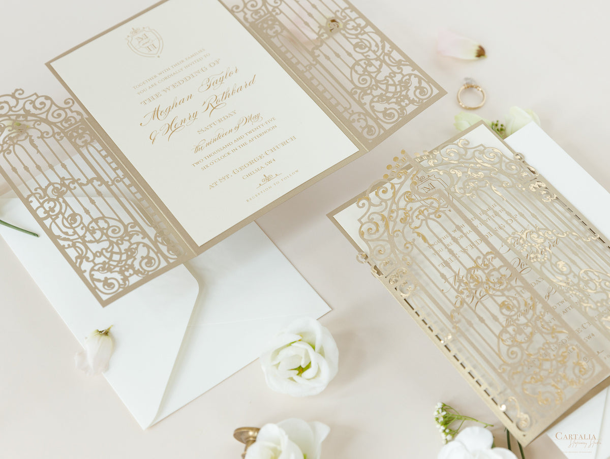 Luxury Foil Golden Ornamental Gate Laser Cut Wedding Day Invitation with Gold Foil Modern Calligraphy