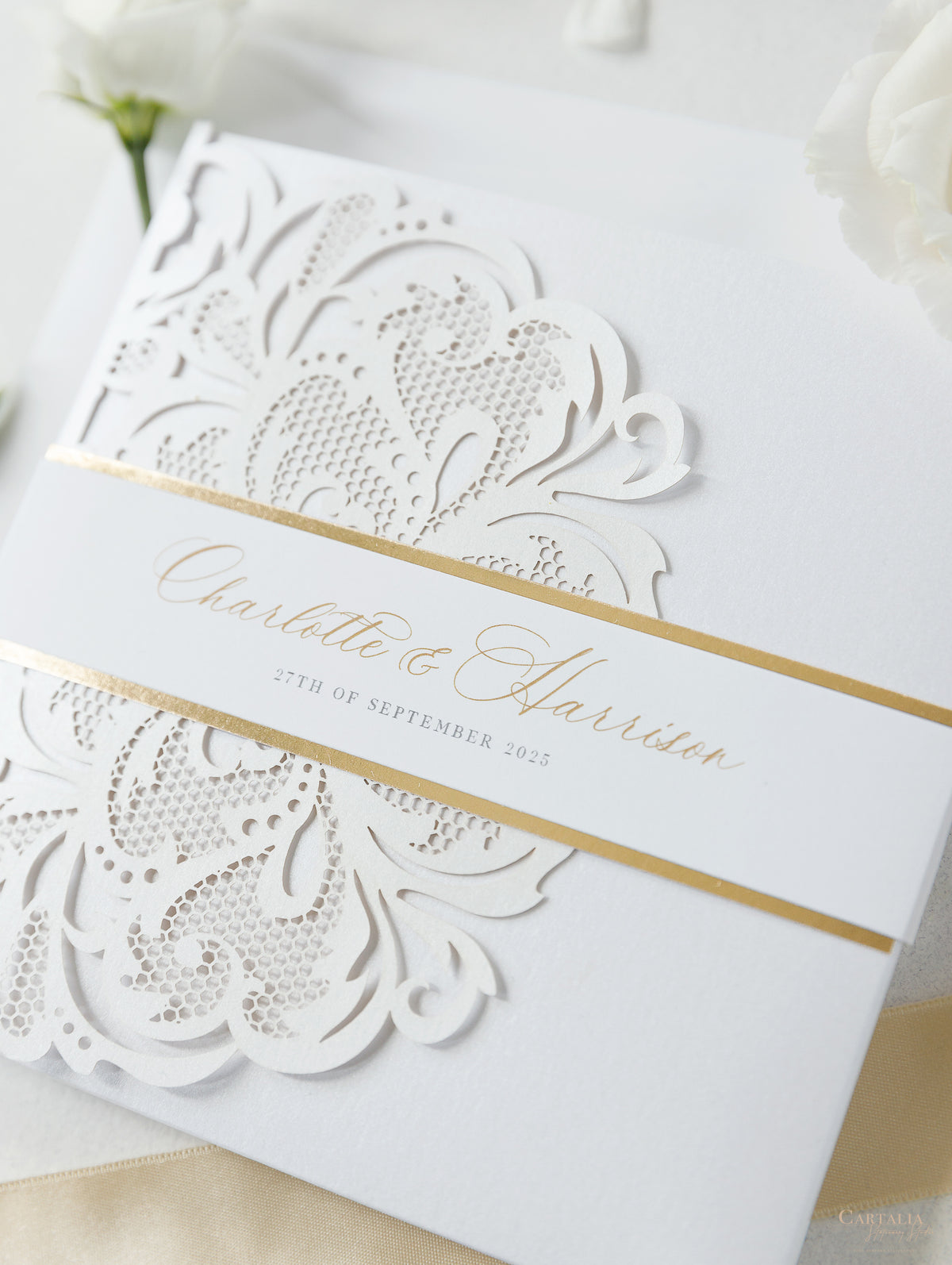 Luxury White & Gold Laser Cut Lace Pocketfold Wedding Invitation Suite with 3 Tier :  Guest Info & Travel & Rsvp Card