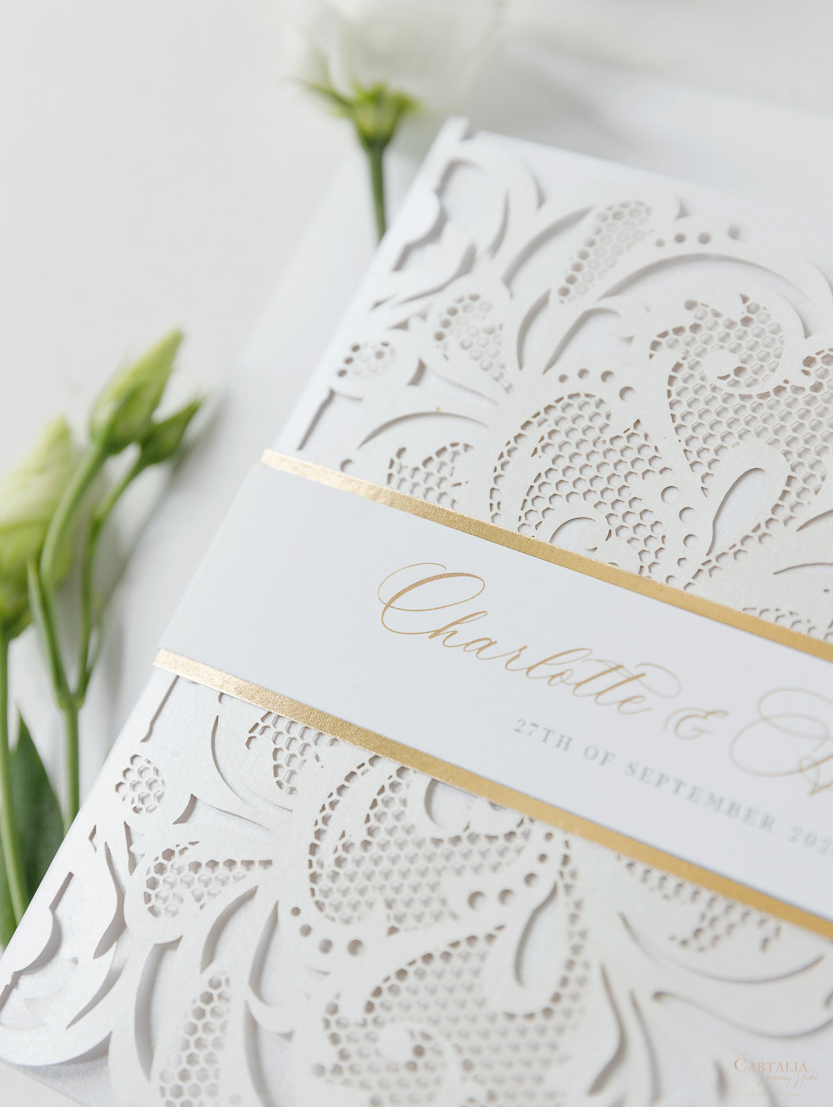 Luxury White & Gold Laser Cut Lace Pocketfold Wedding Invitation Suite with 3 Tier: Guest Info & Travel & RSVP Card