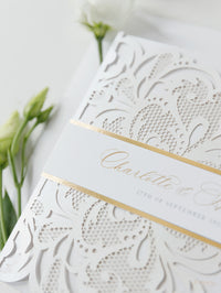 Luxury White & Gold Laser Cut Lace Pocketfold Wedding Invitation Suite with 3 Tier :  Guest Info & Travel & Rsvp Card