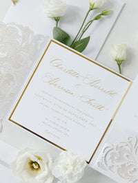 Luxury White & Gold Laser Cut Lace Pocketfold Wedding Invitation Suite with 3 Tier :  Guest Info & Travel & Rsvp Card