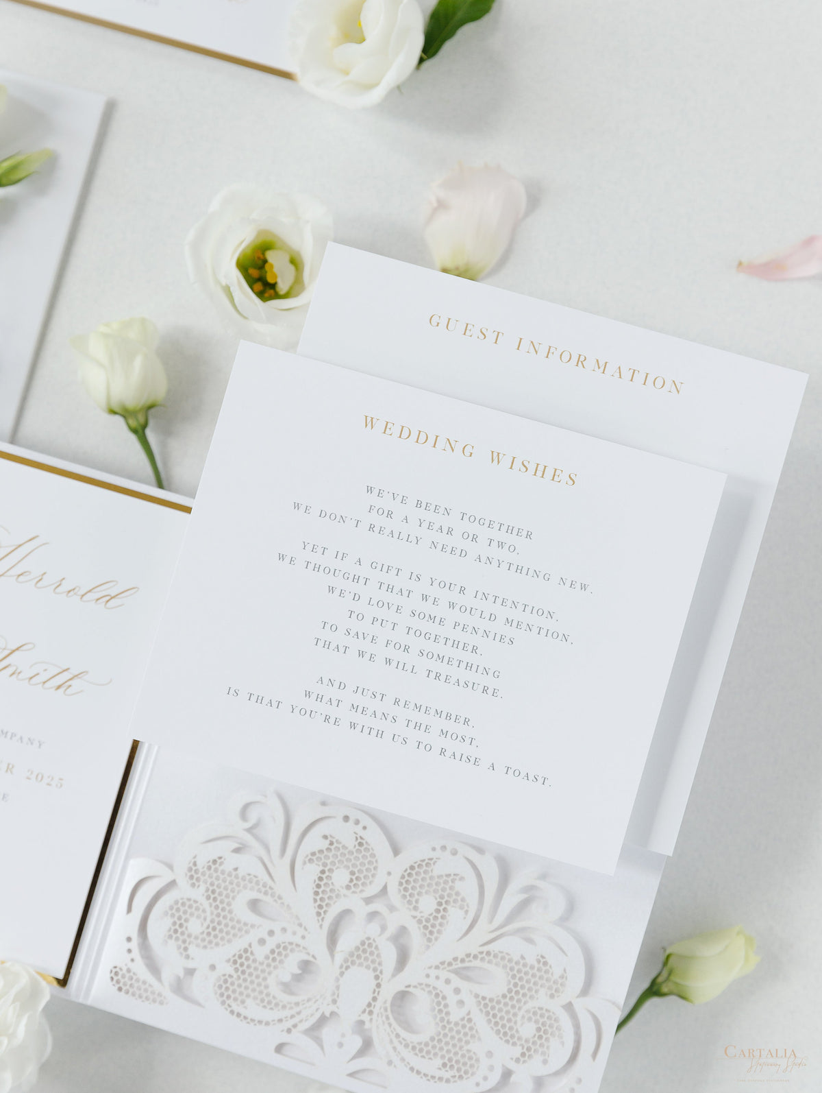 Luxury White & Gold Laser Cut Lace Pocketfold Wedding Invitation Suite with 3 Tier: Guest Info & Travel & RSVP Card