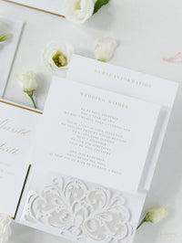 Luxury White & Gold Laser Cut Lace Pocketfold Wedding Invitation Suite with 3 Tier: Guest Info & Travel & RSVP Card