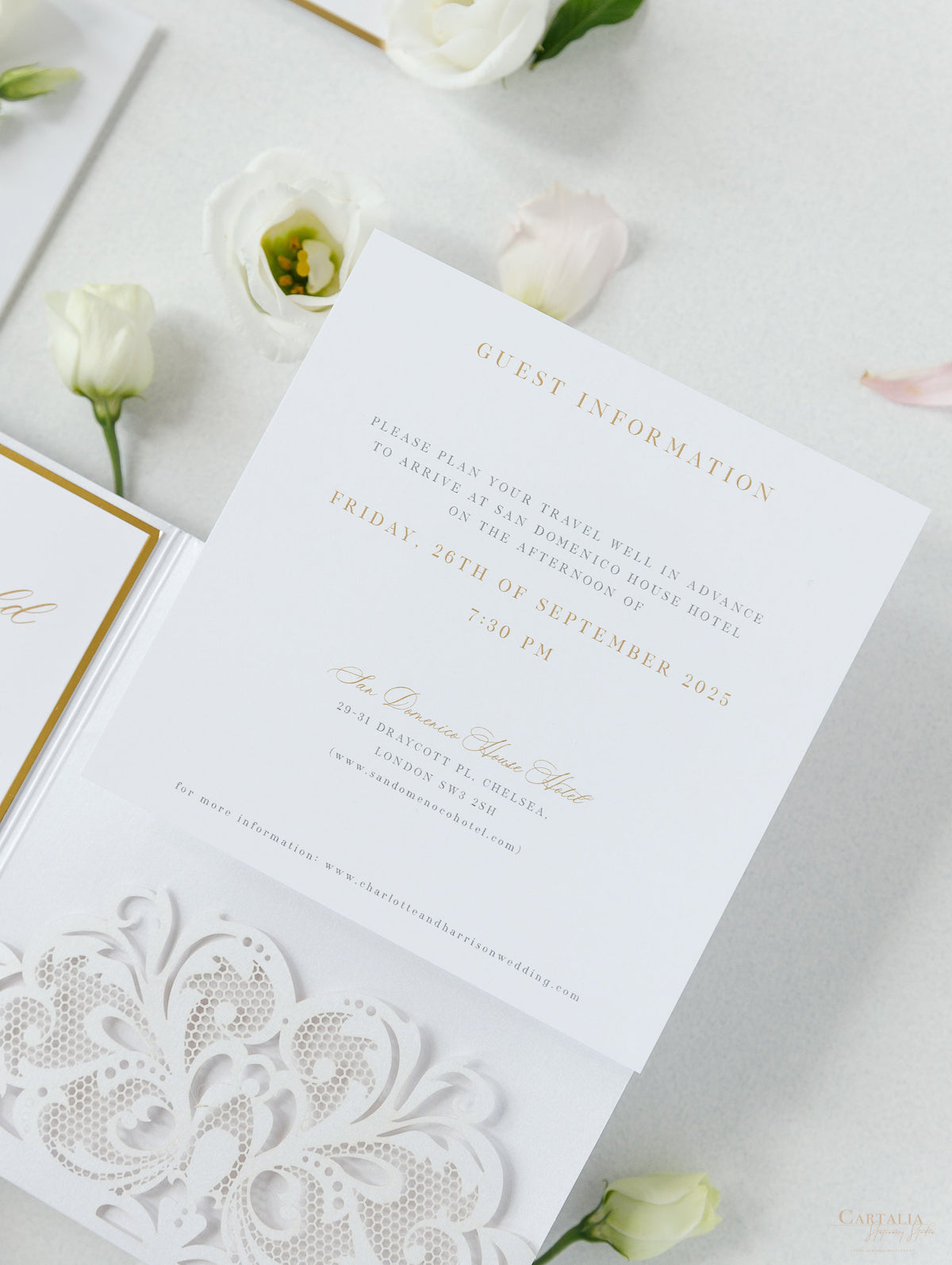 Luxury White & Gold Laser Cut Lace Pocketfold Wedding Invitation Suite with 3 Tier :  Guest Info & Travel & Rsvp Card