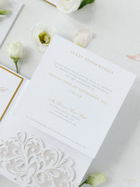 Luxury White & Gold Laser Cut Lace Pocketfold Wedding Invitation Suite with 3 Tier: Guest Info & Travel & RSVP Card