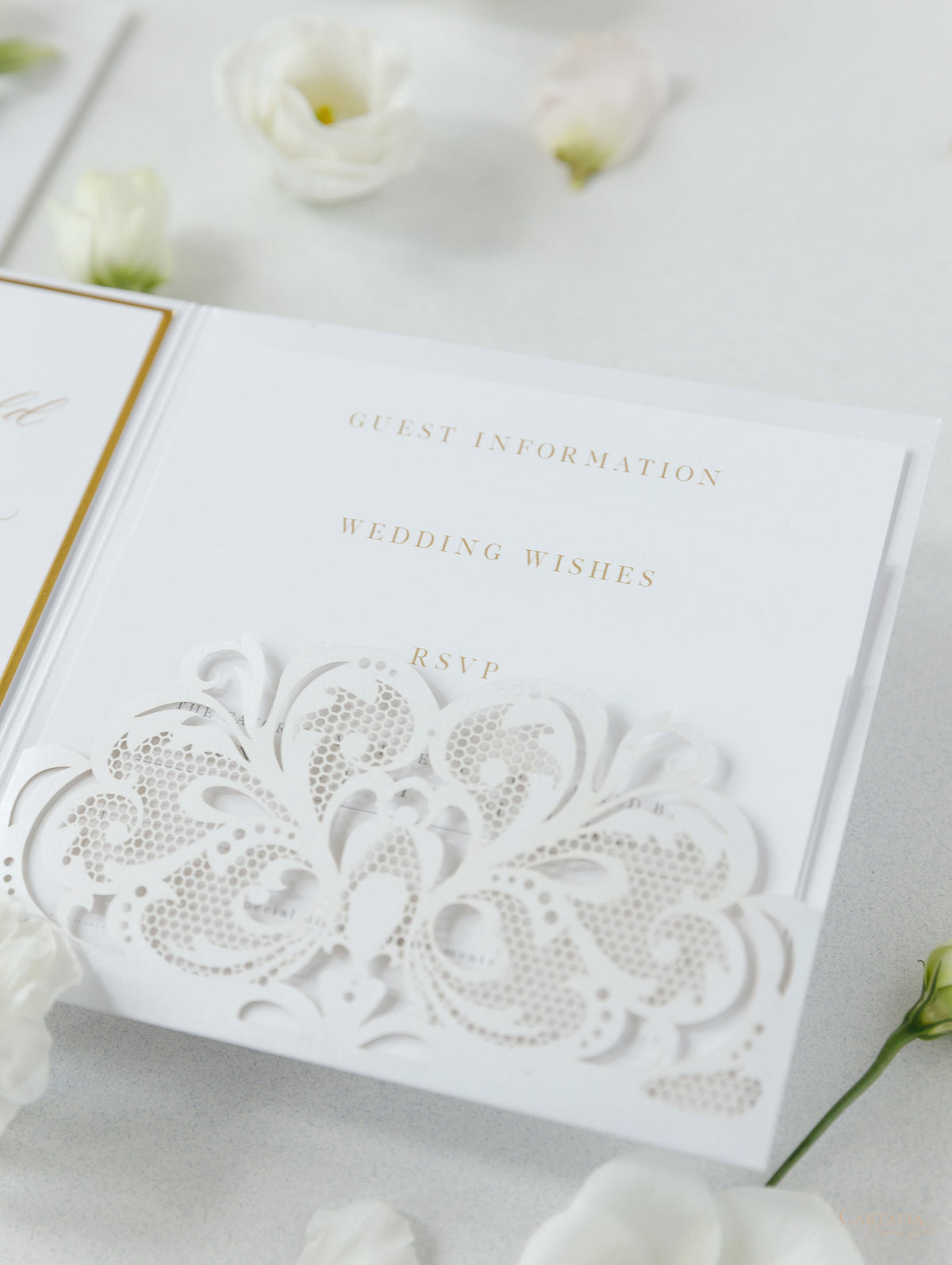 Luxury White & Gold Laser Cut Lace Pocketfold Wedding Invitation Suite with 3 Tier: Guest Info & Travel & RSVP Card