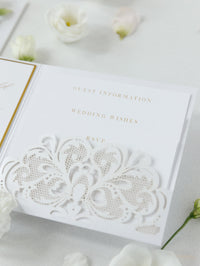 Luxury White & Gold Laser Cut Lace Pocketfold Wedding Invitation Suite with 3 Tier: Guest Info & Travel & RSVP Card