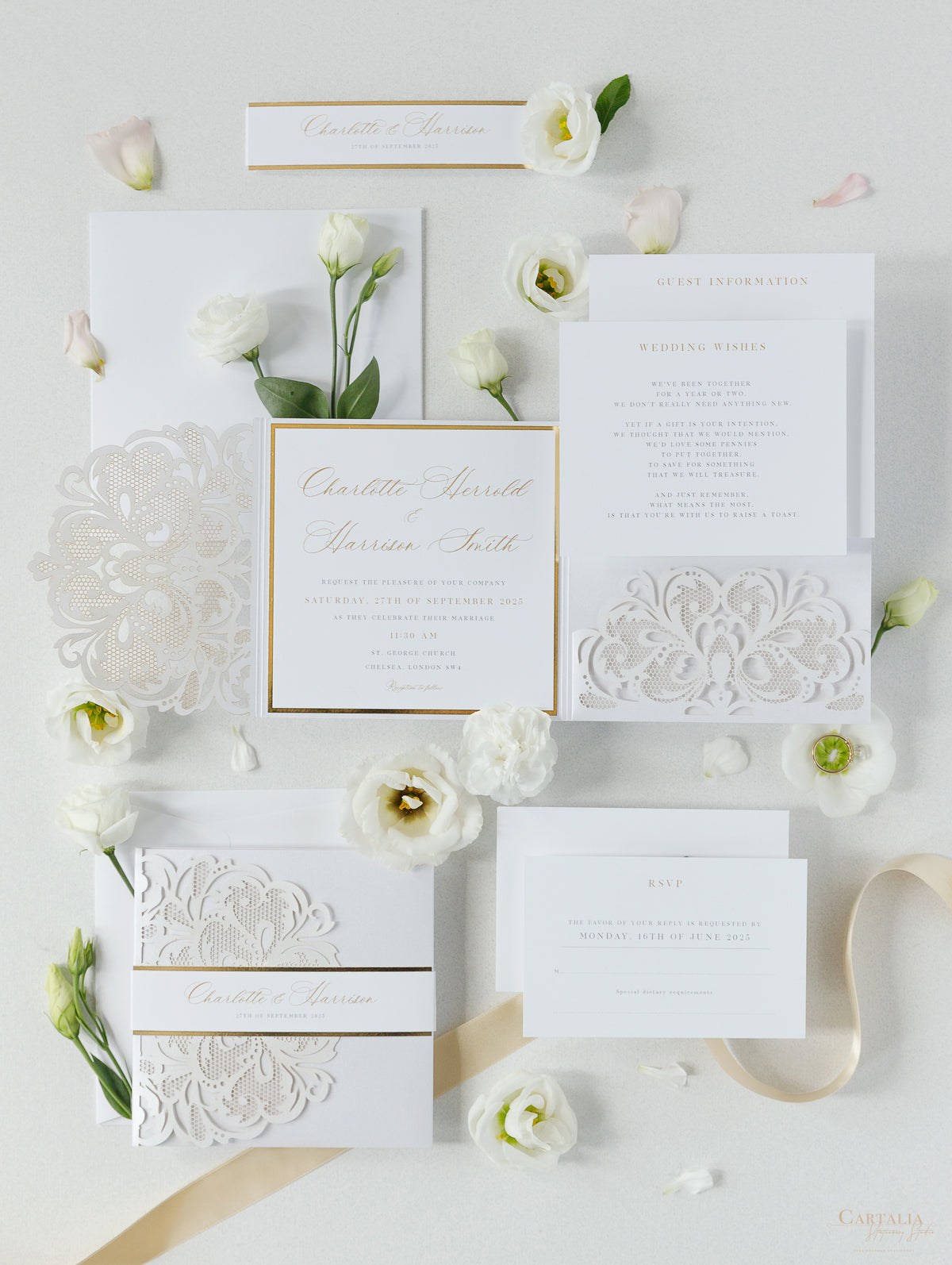 Luxury White & Gold Laser Cut Lace Pocketfold Wedding Invitation Suite with 3 Tier: Guest Info & Travel & RSVP Card