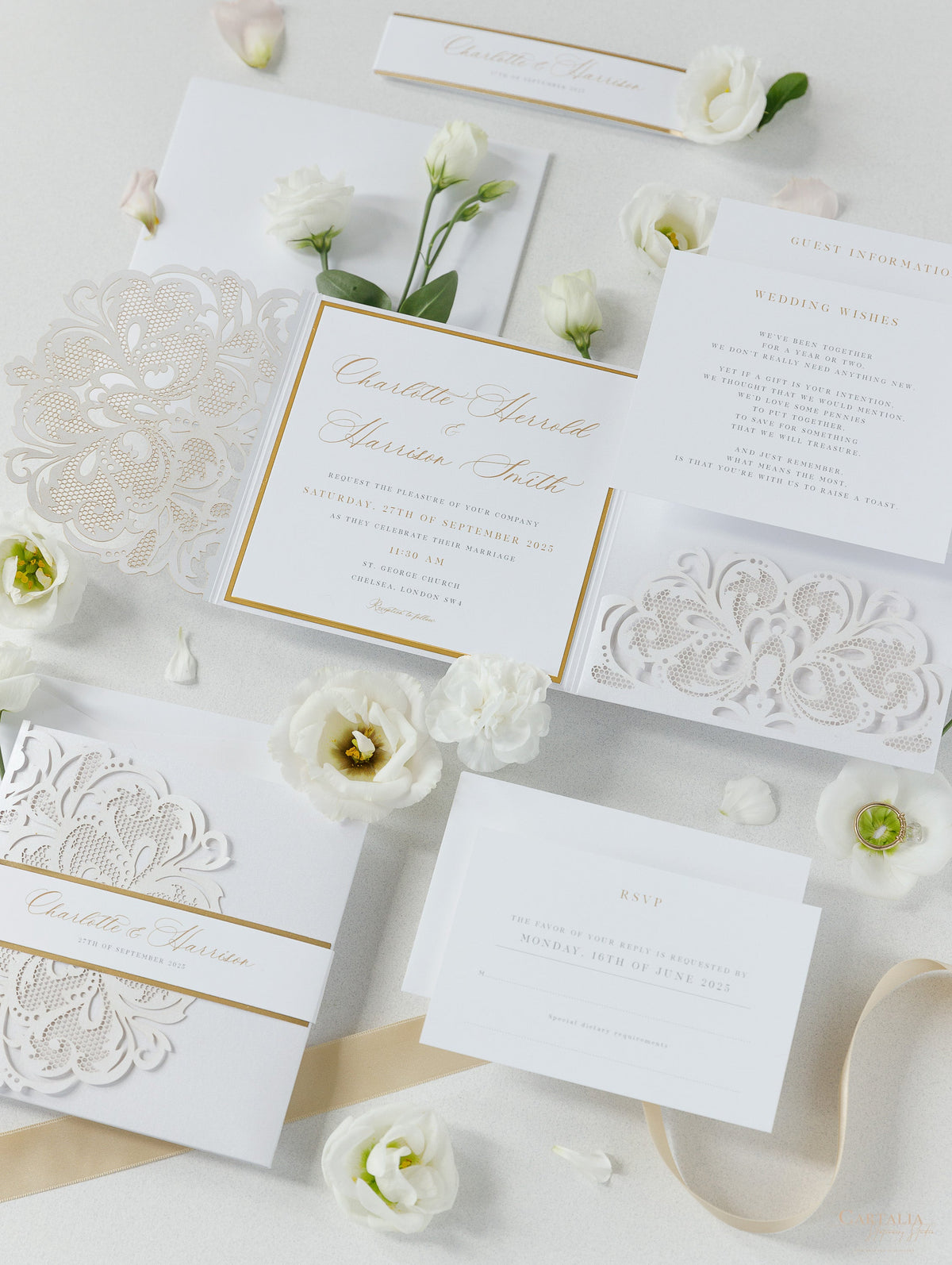 Luxury White & Gold Laser Cut Lace Pocketfold Wedding Invitation Suite with 3 Tier :  Guest Info & Travel & Rsvp Card