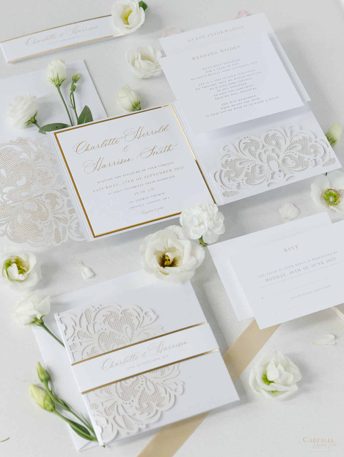 Luxury White & Gold Laser Cut Lace Pocketfold Wedding Invitation Suite with 3 Tier: Guest Info & Travel & RSVP Card