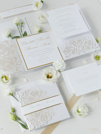 Luxury White & Gold Laser Cut Lace Pocketfold Wedding Invitation Suite with 3 Tier: Guest Info & Travel & RSVP Card