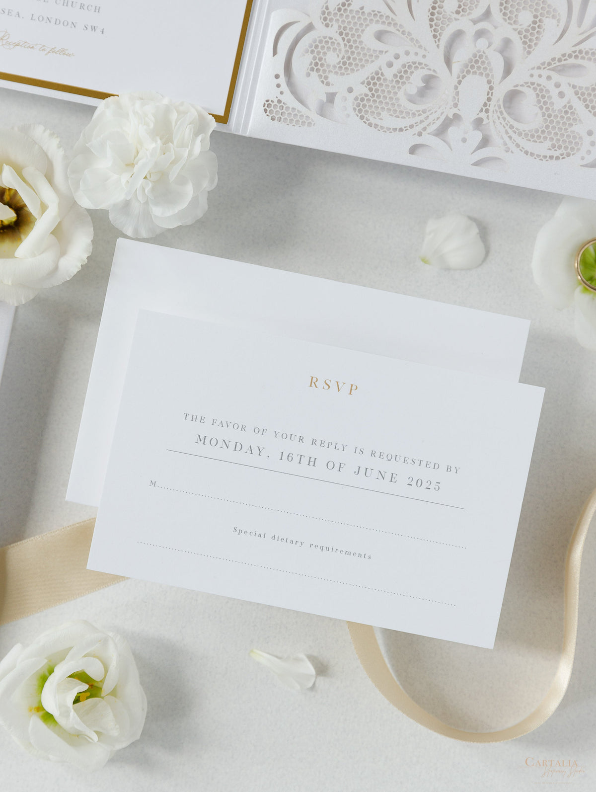 Luxury White & Gold Laser Cut Lace Pocketfold Wedding Invitation Suite with 3 Tier: Guest Info & Travel & RSVP Card