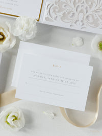Luxury White & Gold Laser Cut Lace Pocketfold Wedding Invitation Suite with 3 Tier: Guest Info & Travel & RSVP Card