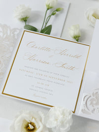 Luxury White & Gold Laser Cut Lace Pocketfold Wedding Invitation Suite with 3 Tier :  Guest Info & Travel & Rsvp Card