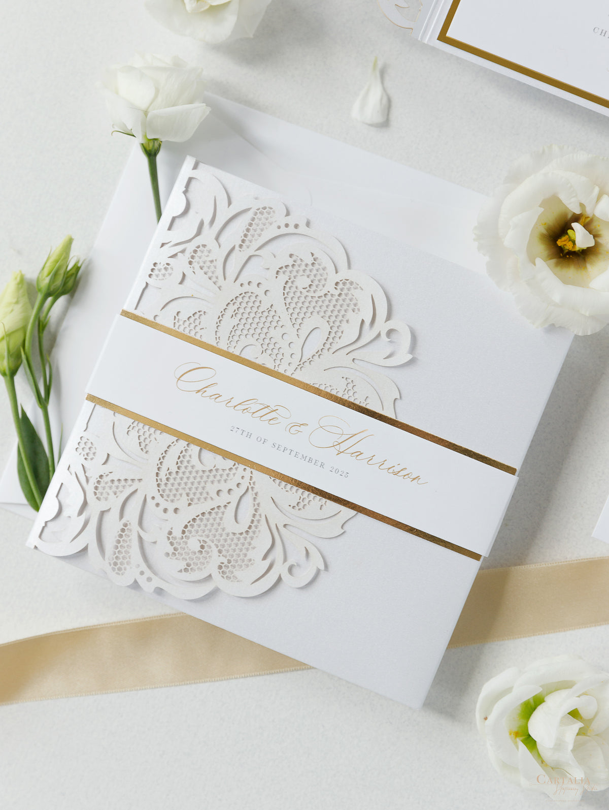 Luxury White & Gold Laser Cut Lace Pocketfold Wedding Invitation Suite with 3 Tier :  Guest Info & Travel & Rsvp Card