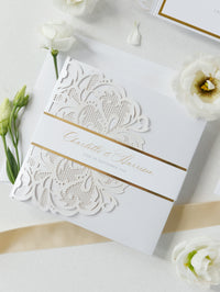 Luxury White & Gold Laser Cut Lace Pocketfold Wedding Invitation Suite with 3 Tier: Guest Info & Travel & RSVP Card