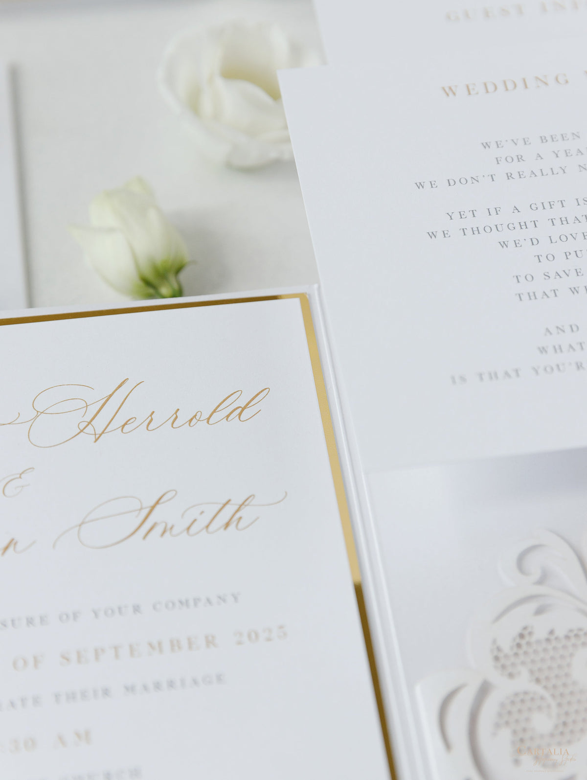 Luxury White & Gold Laser Cut Lace Pocketfold Wedding Invitation Suite with 3 Tier: Guest Info & Travel & RSVP Card