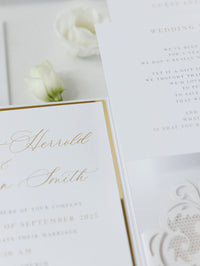 Luxury White & Gold Laser Cut Lace Pocketfold Wedding Invitation Suite with 3 Tier :  Guest Info & Travel & Rsvp Card