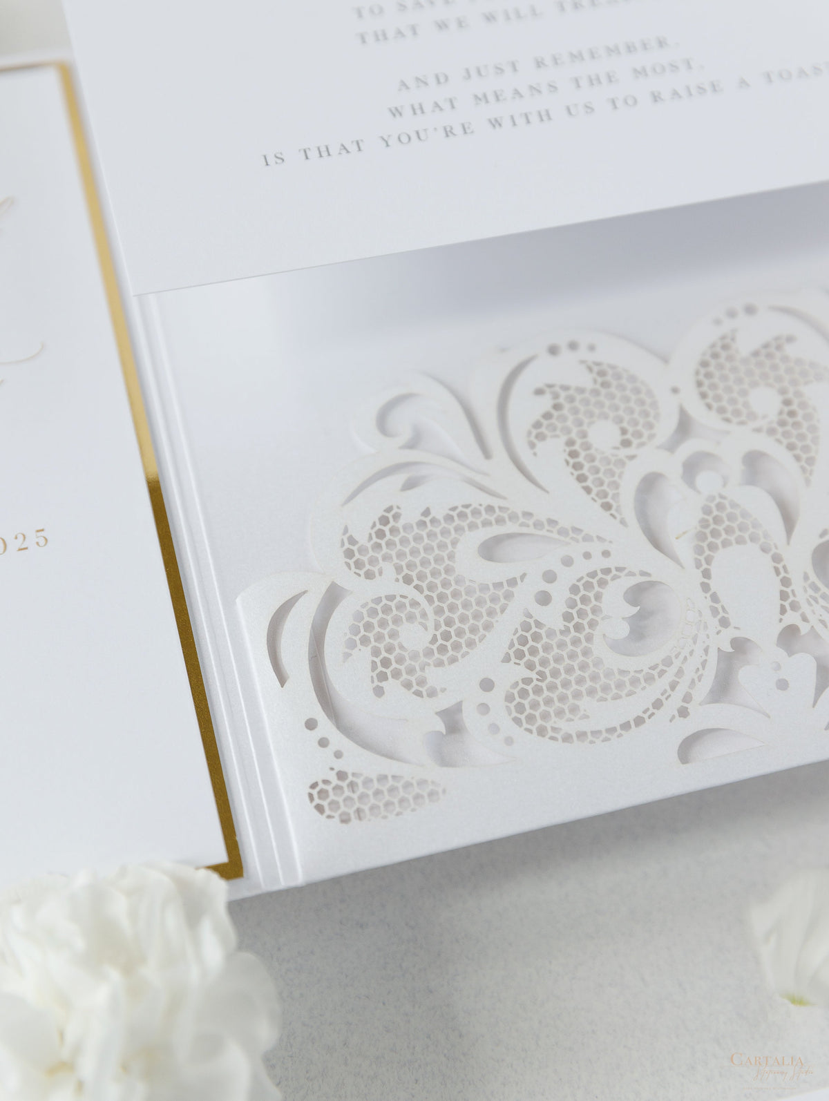 Luxury White & Gold Laser Cut Lace Pocketfold Wedding Invitation Suite with 3 Tier: Guest Info & Travel & RSVP Card