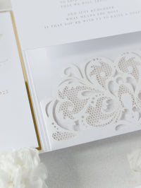 Luxury White & Gold Laser Cut Lace Pocketfold Wedding Invitation Suite with 3 Tier: Guest Info & Travel & RSVP Card