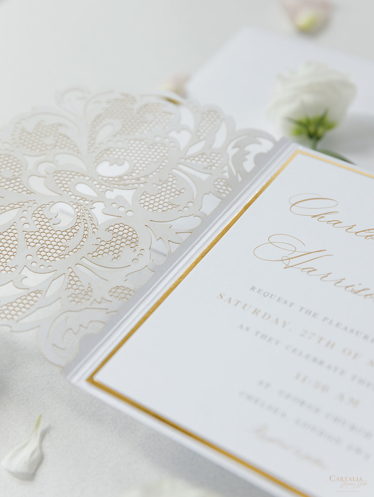 Luxury White & Gold Laser Cut Lace Pocketfold Wedding Invitation Suite with 3 Tier: Guest Info & Travel & RSVP Card