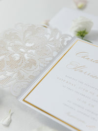 Luxury White & Gold Laser Cut Lace Pocketfold Wedding Invitation Suite with 3 Tier: Guest Info & Travel & RSVP Card