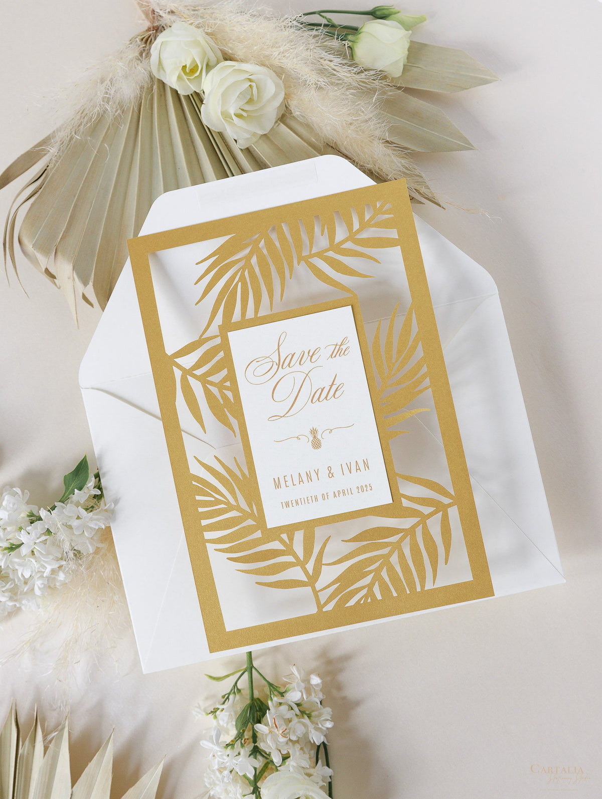 Golden Destination Beach Palm Tree SAVE the Date,  Laser Cut