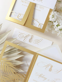 Noche Dorada Con Hojas De Palma Colección De Invitaciones De Destino Tropical Cortadas Con Láser