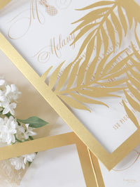 Noche Dorada Con Hojas De Palma Colección De Invitaciones De Destino Tropical Cortadas Con Láser